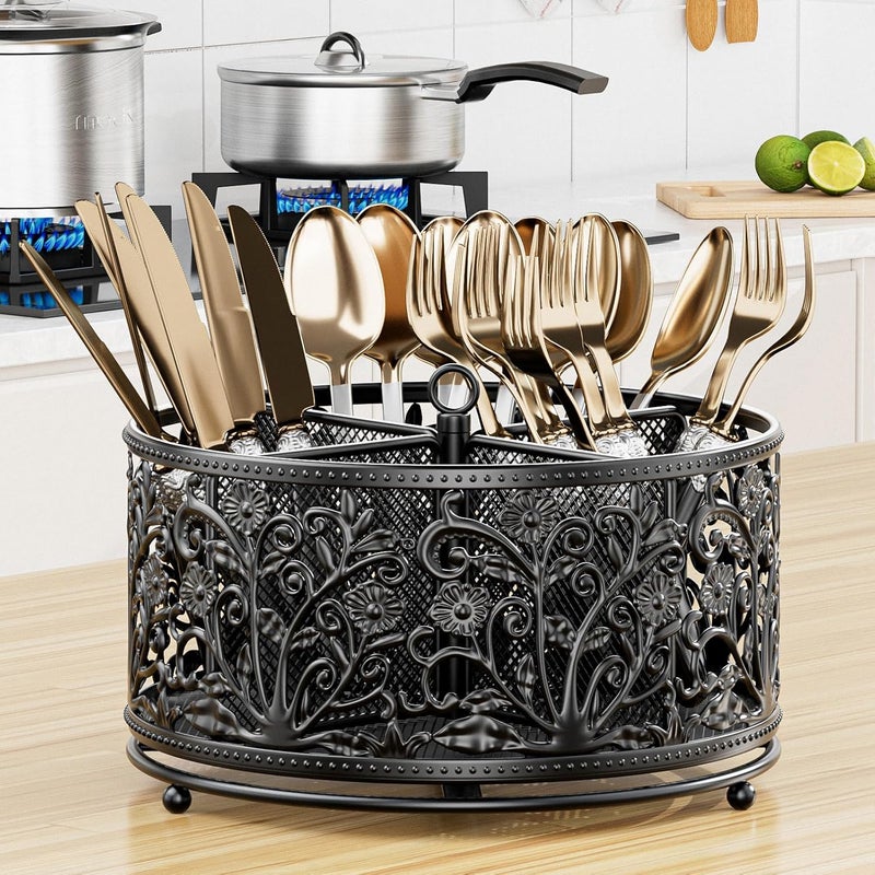 YIUKEA 360° Rotating Utensil Caddy - Silverware Cutlery Caddy Holder with 4 Compartment, Metal Flatware Organizer Countertop with Handle for Party Camping Picnic, Kitchen Counter, Office (Black) - Image 3